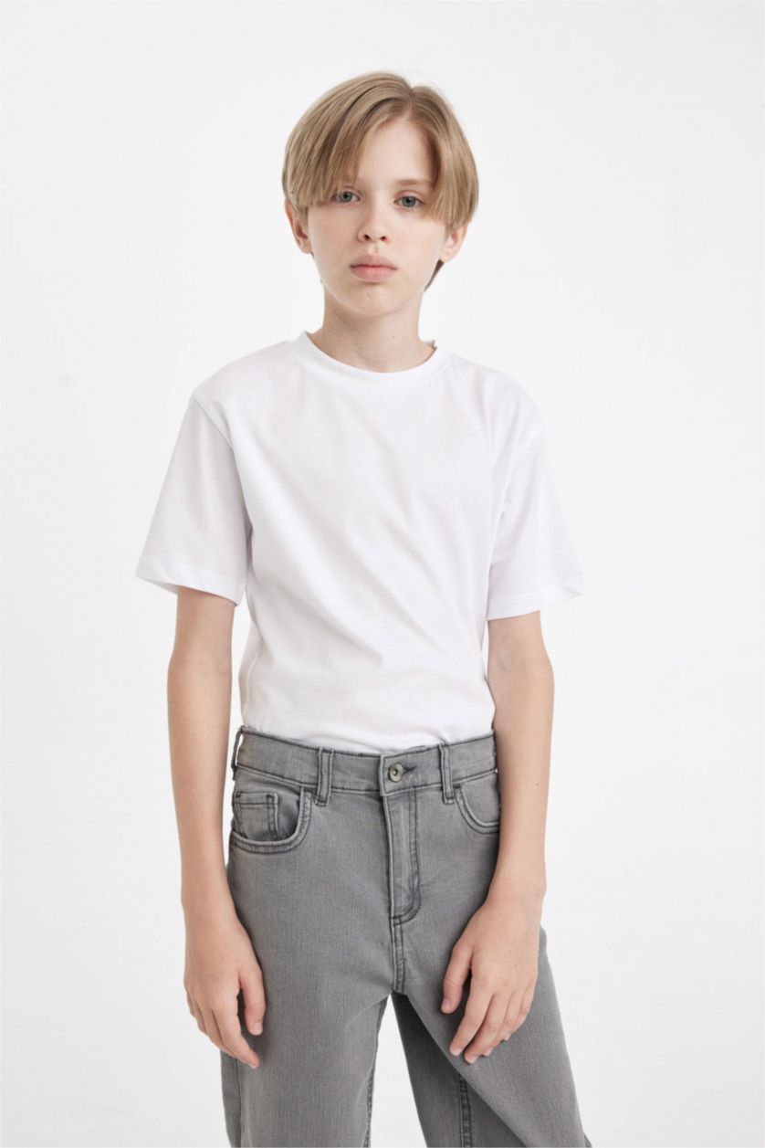 Erkek Çocuk - Genç Erkek Beyaz Bisiklet Yaka Basic Düz Kısa Kollu Tişört Erkek Çocuk