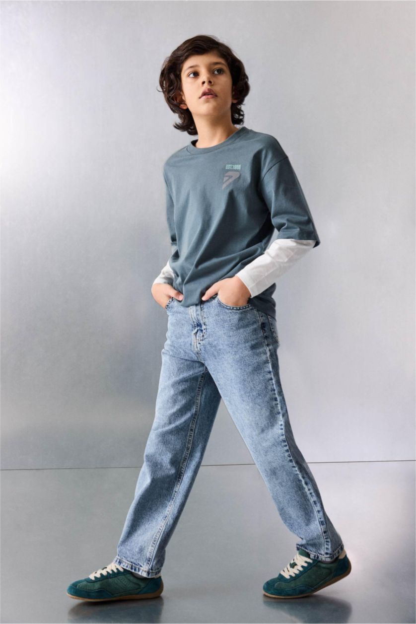 Erkek Çocuk - Genç Erkek Açık Antrasit Oversize Geniş Kalıp Bisiklet Yaka Baskılı Uzun Kollu Tişört Erkek Çocuk