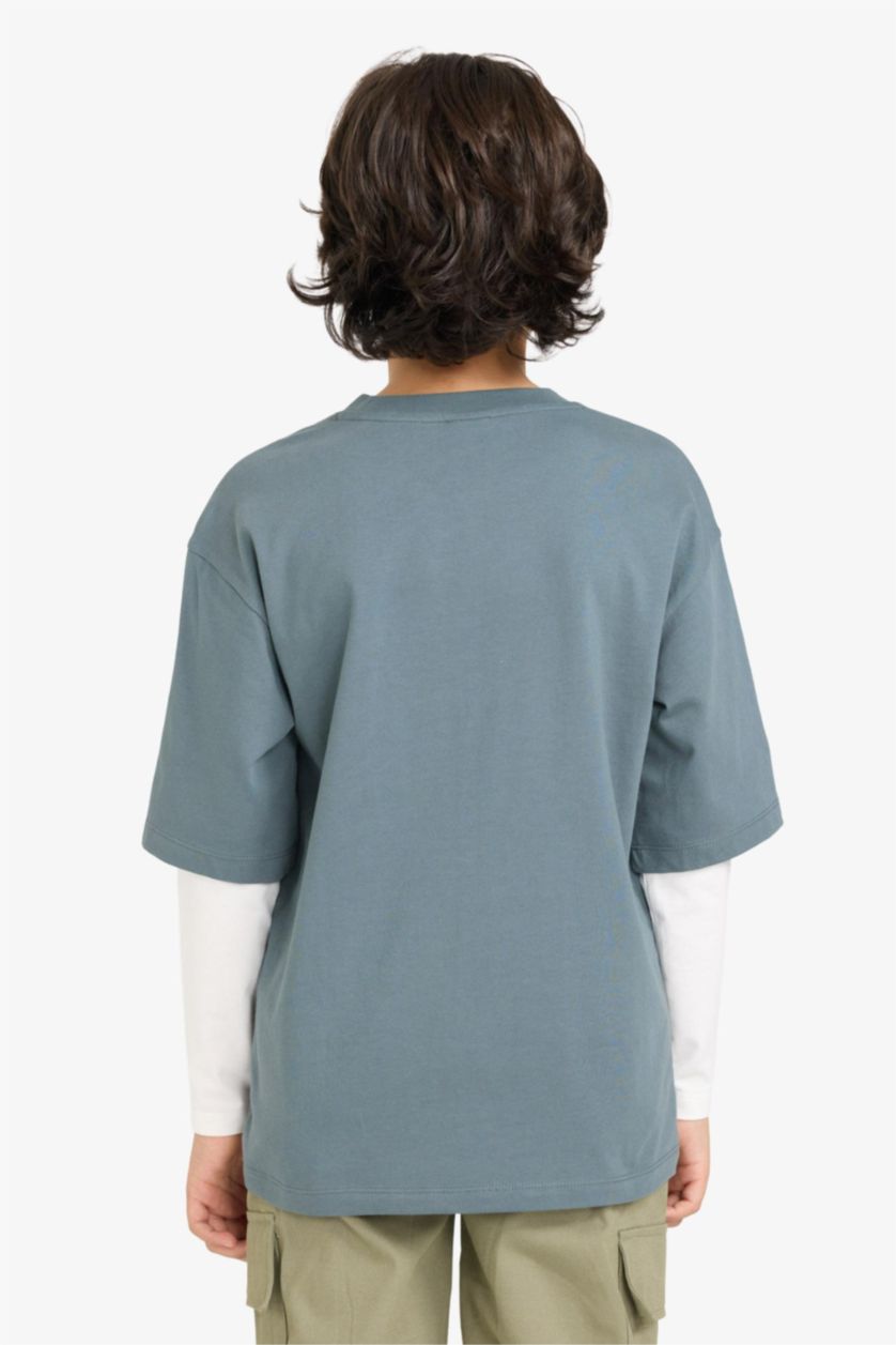 Erkek Çocuk - Genç Erkek Açık Antrasit Oversize Geniş Kalıp Bisiklet Yaka Baskılı Uzun Kollu Tişört Erkek Çocuk