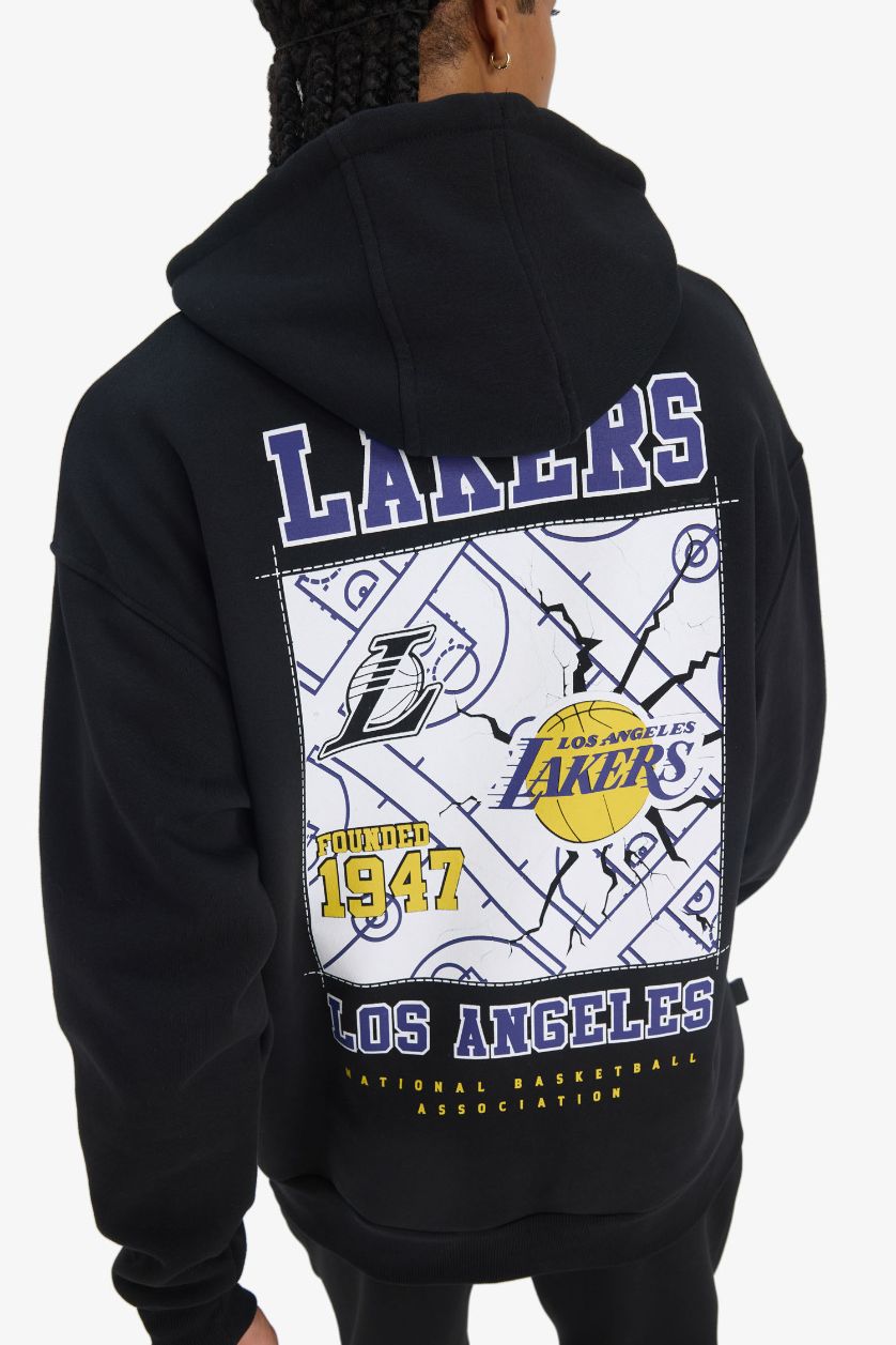 Erkek Siyah NBA Los Angeles Lakers Oversize Geniş Kalıp Kapüşonlu Kalın Sweatshirt