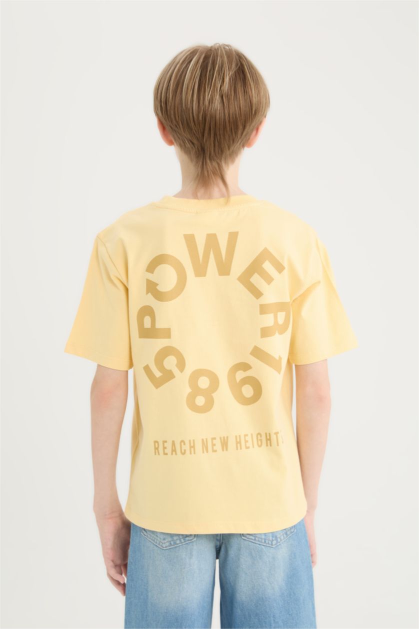 Erkek Çocuk - Genç Erkek Sarı Oversize Geniş Kalıp Bisiklet Yaka Sırt Baskılı Kısa Kollu Tişört Erkek Çocuk