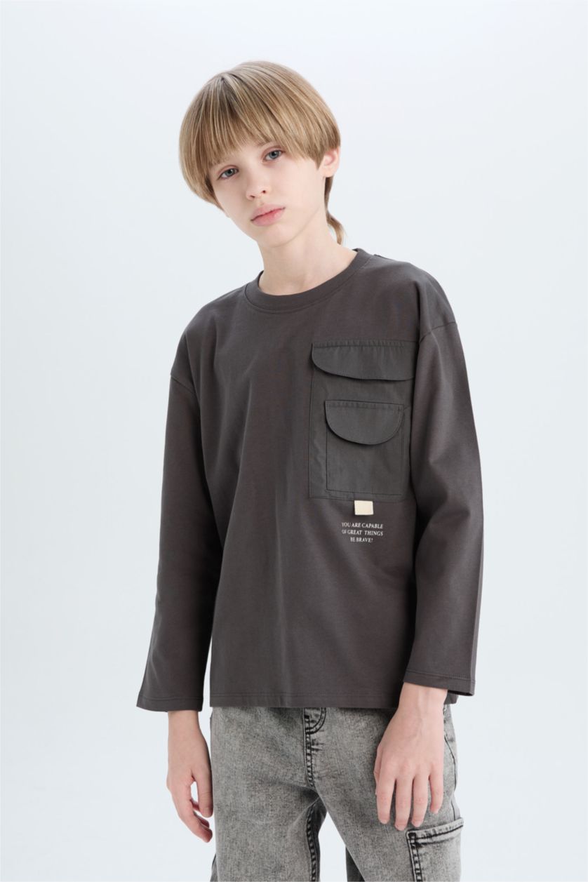 BOYS & TEENS Anthracite Boy Loose Fit Crew Neck Printed Oversize T-Shirt
