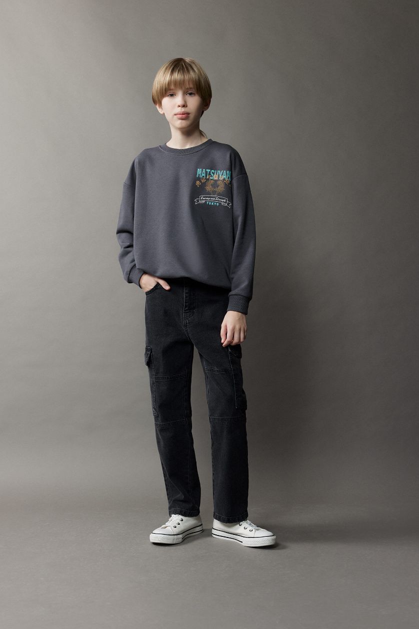 Erkek Çocuk - Genç Erkek Antrasit Oversize Geniş Kalıp Bisiklet Yaka Sırt Baskılı Sweatshirt Erkek Çocuk