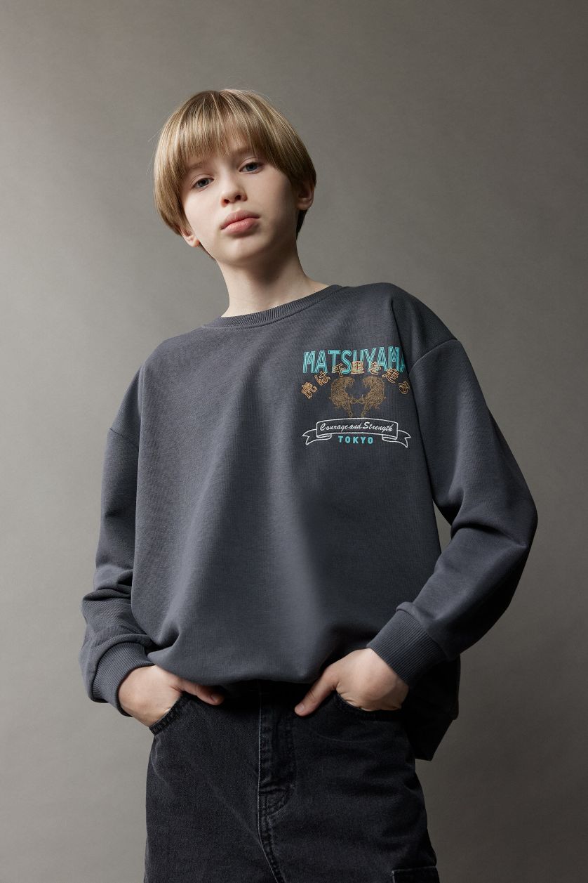 Erkek Çocuk - Genç Erkek Antrasit Oversize Geniş Kalıp Bisiklet Yaka Sırt Baskılı Sweatshirt Erkek Çocuk