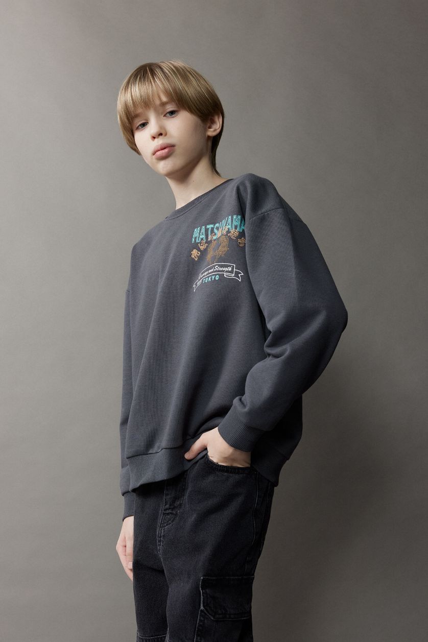 Erkek Çocuk - Genç Erkek Antrasit Oversize Geniş Kalıp Bisiklet Yaka Sırt Baskılı Sweatshirt Erkek Çocuk