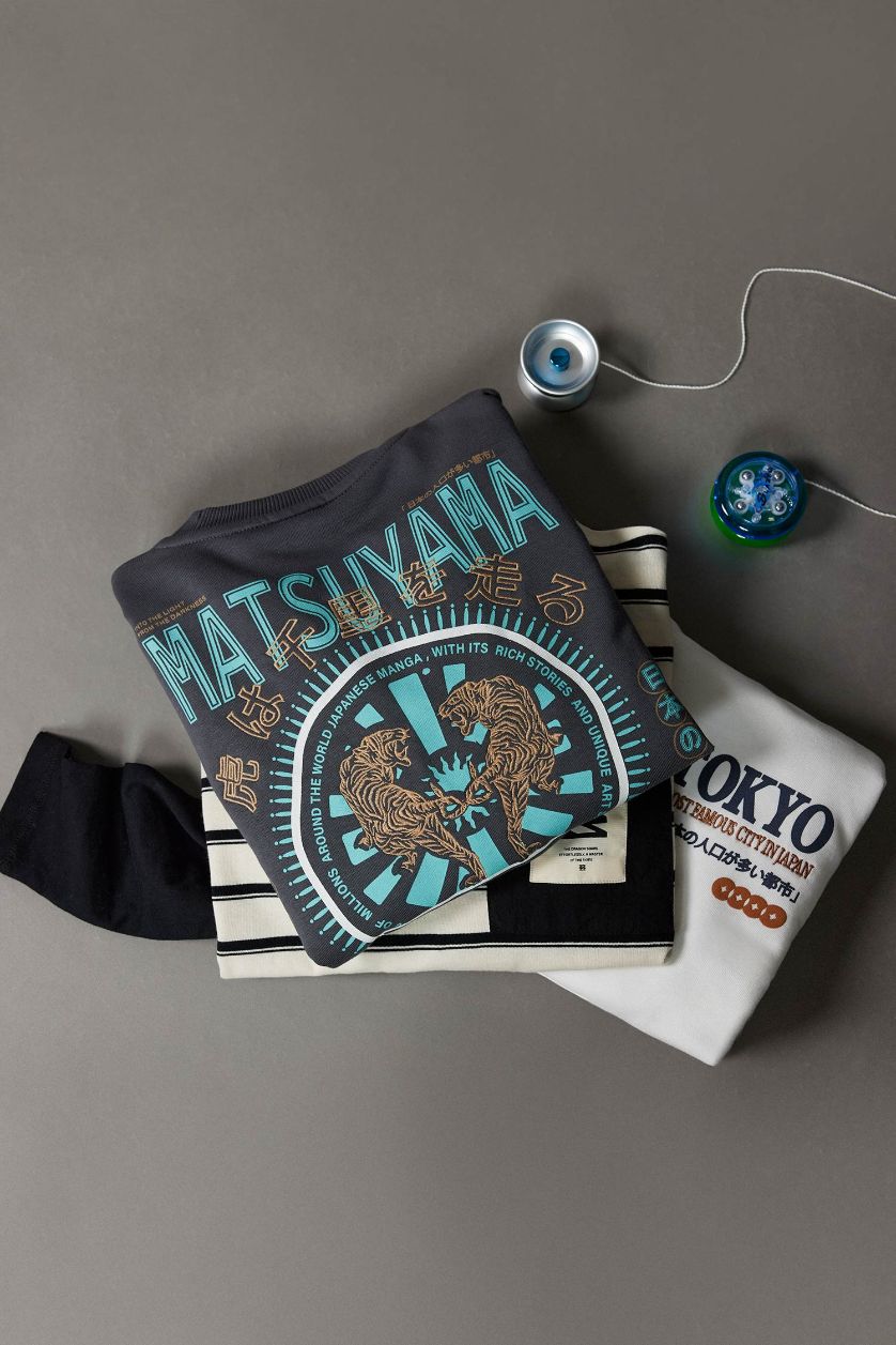 Erkek Çocuk - Genç Erkek Antrasit Oversize Geniş Kalıp Bisiklet Yaka Sırt Baskılı Sweatshirt Erkek Çocuk