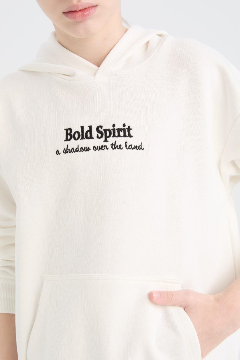 Erkek Çocuk - Genç Erkek Kırık Beyaz Oversize Geniş Kalıp Kapüşonlu Nakışlı Sweatshirt Erkek Çocuk