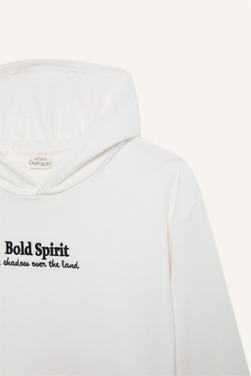 Erkek Çocuk - Genç Erkek Kırık Beyaz Oversize Geniş Kalıp Kapüşonlu Nakışlı Sweatshirt Erkek Çocuk