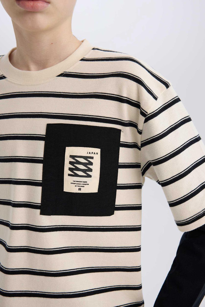 Erkek Çocuk - Genç Erkek Ekru Oversize Geniş Kalıp Bisiklet Yaka Uzun Kollu Tişört Erkek Çocuk