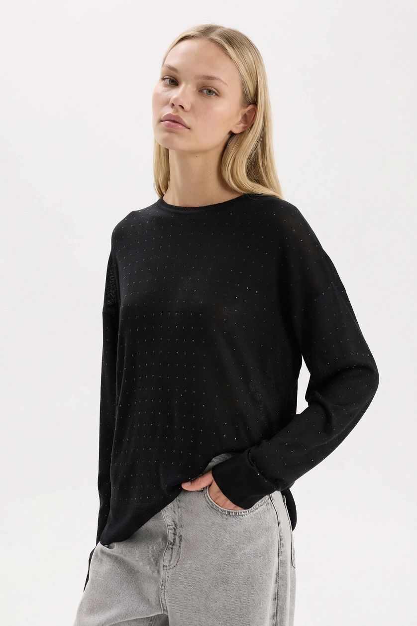 Woman Black Relax Fit Crew Neck Basic Knitwear Pullover