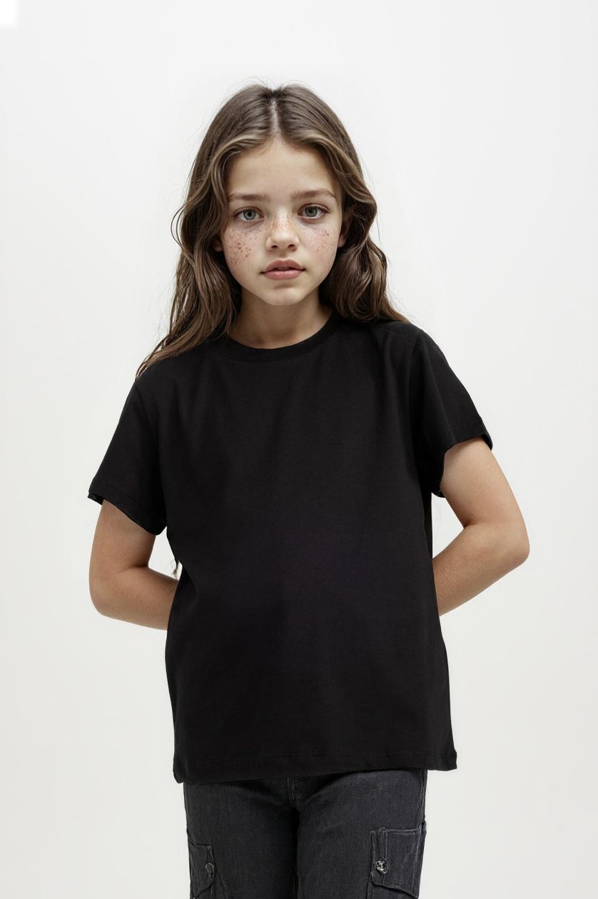 Kız Çocuk - Genç Kız Siyah Bisiklet Yaka Basic Düz Kısa Kollu Tişört Kız Çocuk