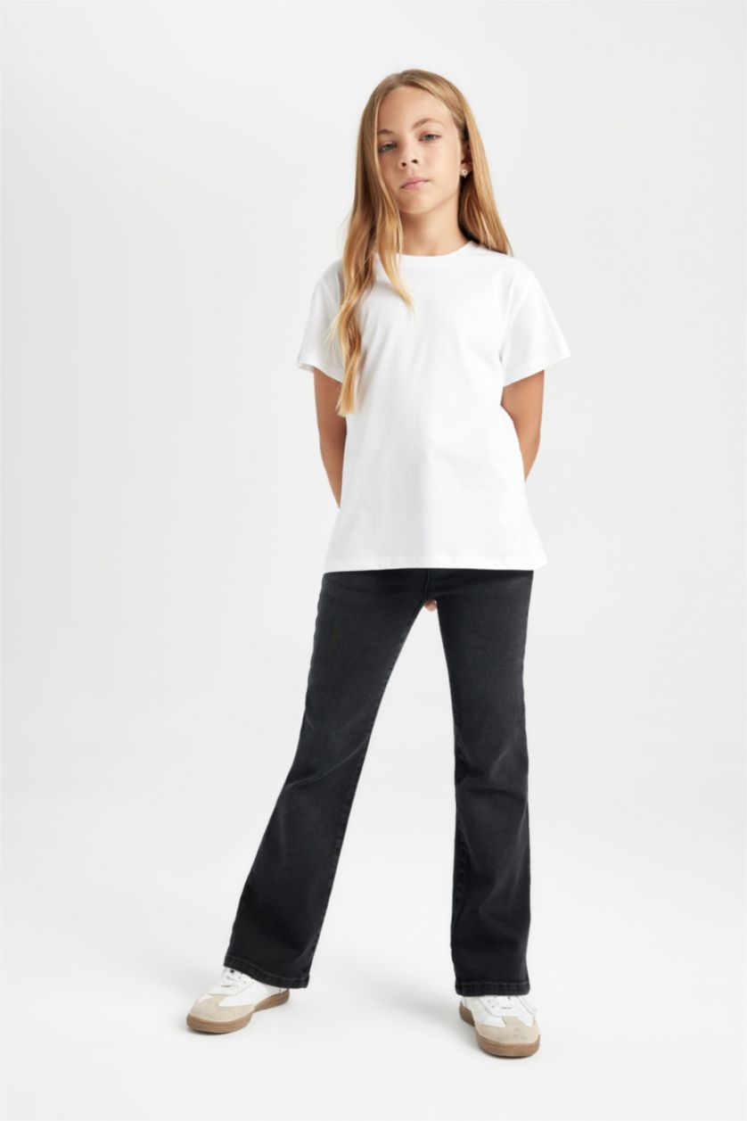 Kız Çocuk - Genç Kız Beyaz Bisiklet Yaka Basic Düz Kısa Kollu Tişört Kız Çocuk