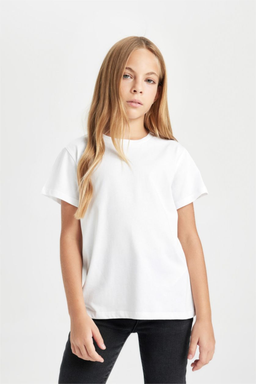 Kız Çocuk - Genç Kız Beyaz Bisiklet Yaka Basic Düz Kısa Kollu Tişört Kız Çocuk