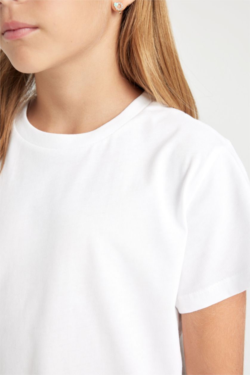 Kız Çocuk - Genç Kız Beyaz Bisiklet Yaka Basic Düz Kısa Kollu Tişört Kız Çocuk