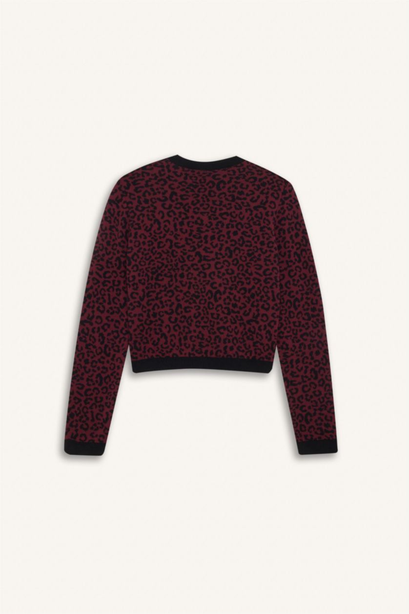 Woman Bordeaux Regular Fit Crew Neck Buttoned Knitwear Leopard Cardigan