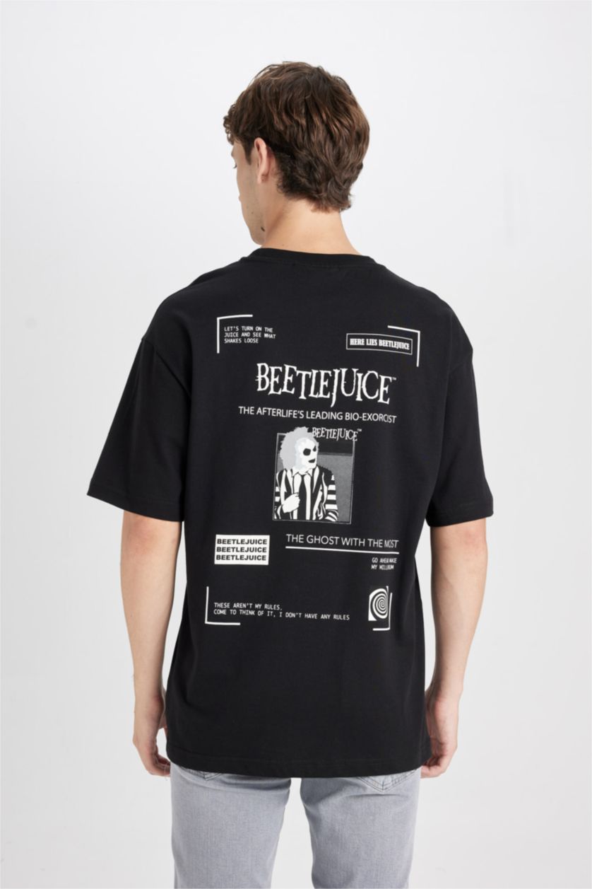 رجالي أسود تيشيرت قطن أوفر سايز برقبة مستديرة بطبعة من الخلف