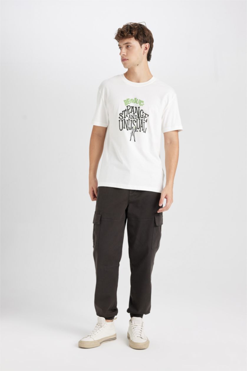 Erkek Ekru %100 Pamuk Beetlejuice (1988) Regular Fit Bisiklet Yaka Kısa Kollu Tişört