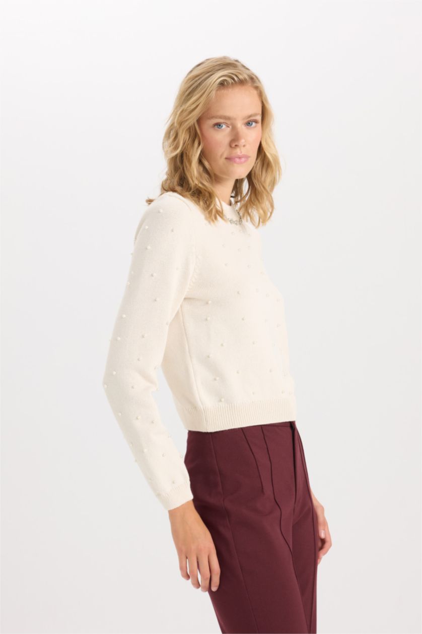 Woman Ecru Woman Regular Fit Stoned Pearl Knitted Pullover