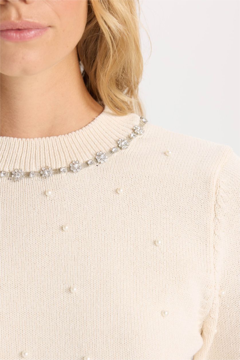 Woman Ecru Woman Regular Fit Stoned Pearl Knitted Pullover