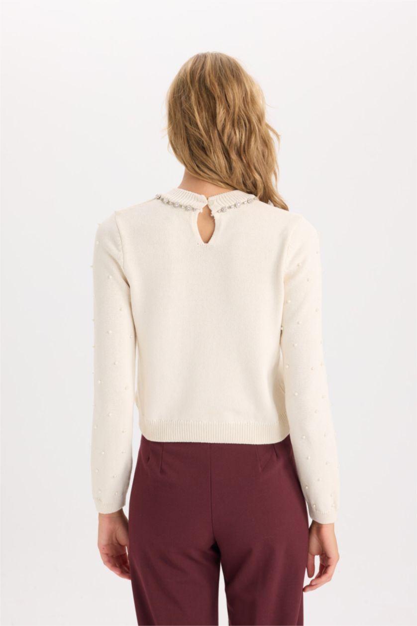 Woman Ecru Woman Regular Fit Stoned Pearl Knitted Pullover
