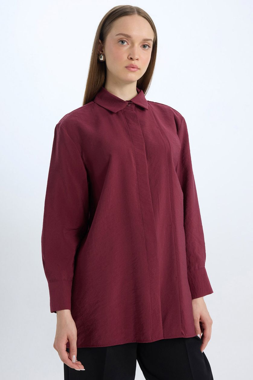 Woman Bordeaux Relax Fit Modal Basic Long Sleeve Shirt Tunic