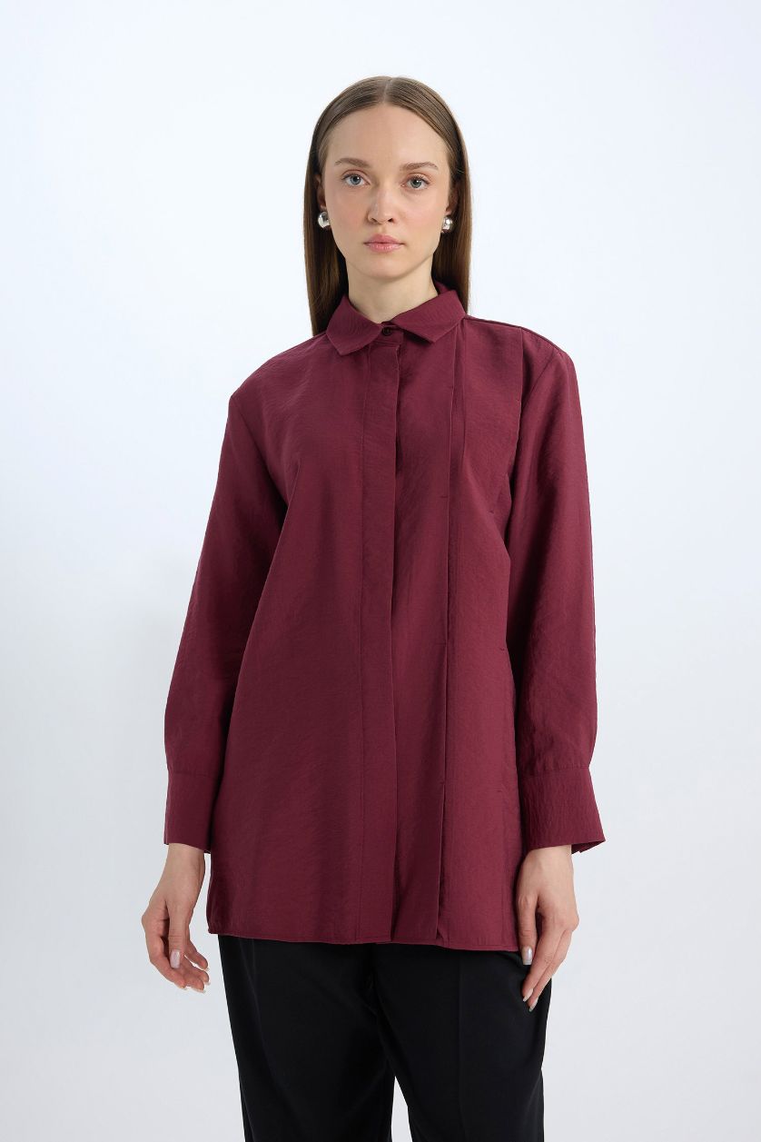 Woman Bordeaux Relax Fit Modal Basic Long Sleeve Shirt Tunic