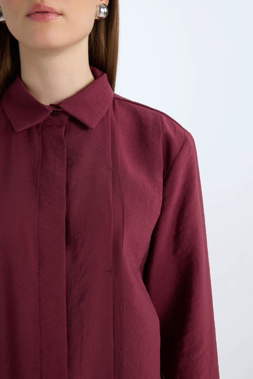 Woman Bordeaux Relax Fit Modal Basic Long Sleeve Shirt Tunic