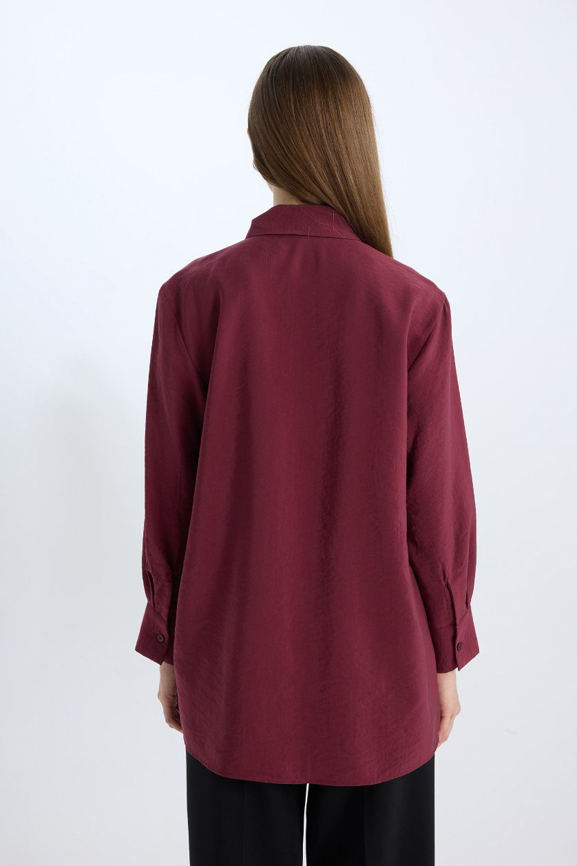 Woman Bordeaux Relax Fit Modal Basic Long Sleeve Shirt Tunic