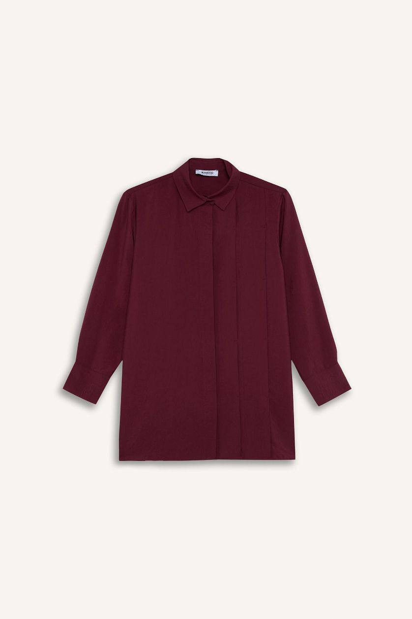 Woman Bordeaux Relax Fit Modal Basic Long Sleeve Shirt Tunic