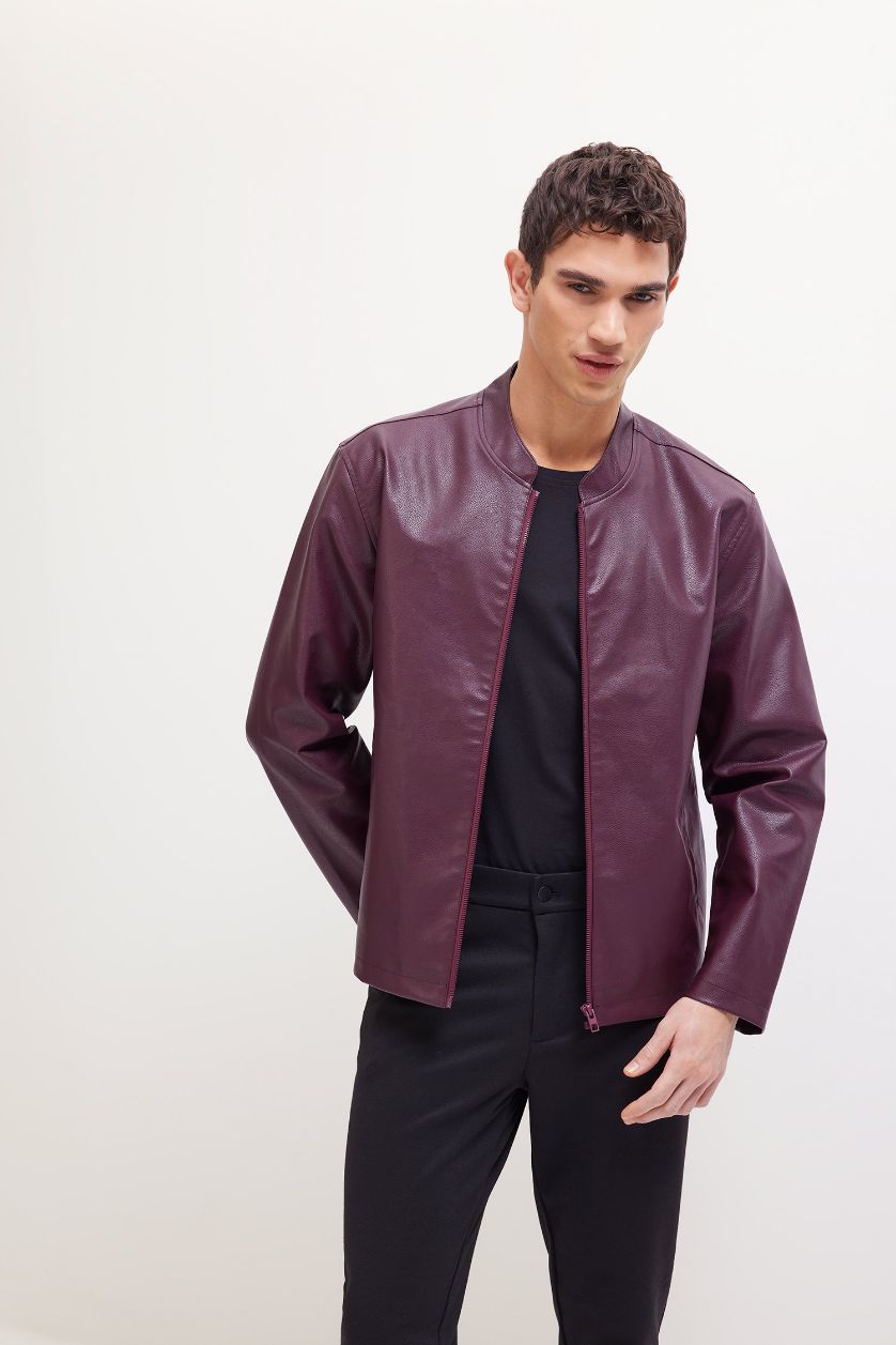 Erkek Bordo Su İtici Slim Fit Dar Kesim Dik Yaka Fermuarlı Suni Deri Ceket Mont