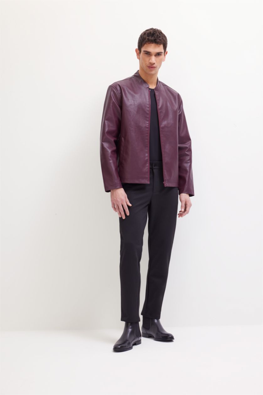 Erkek Bordo Su İtici Slim Fit Dar Kesim Dik Yaka Fermuarlı Suni Deri Ceket Mont