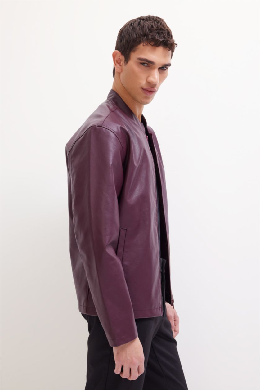 Erkek Bordo Su İtici Slim Fit Dar Kesim Dik Yaka Fermuarlı Suni Deri Ceket Mont