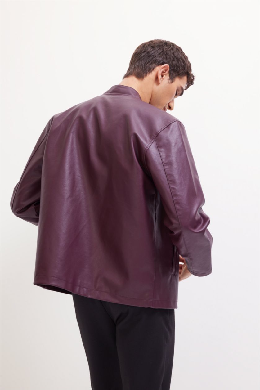 Erkek Bordo Su İtici Slim Fit Dar Kesim Dik Yaka Fermuarlı Suni Deri Ceket Mont