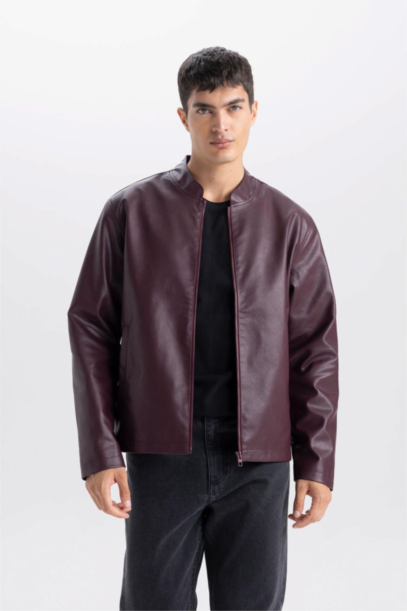 Erkek Bordo Su İtici Slim Fit Dar Kesim Dik Yaka Fermuarlı Suni Deri Ceket Mont