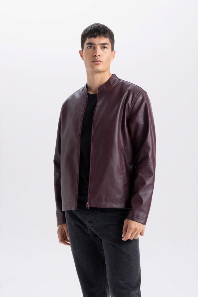 Erkek Bordo Su İtici Slim Fit Dar Kesim Dik Yaka Fermuarlı Suni Deri Ceket Mont
