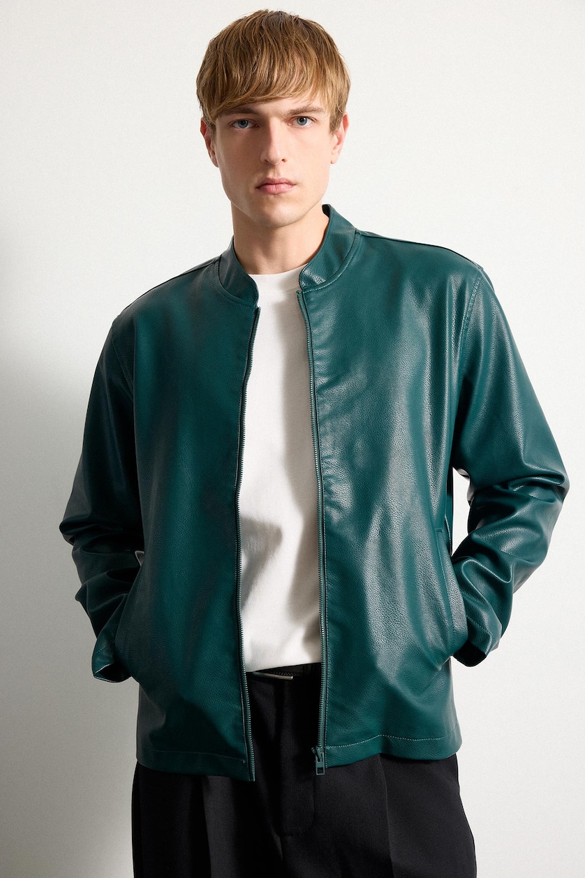 Men Green Zipper Faux Leather Jacket