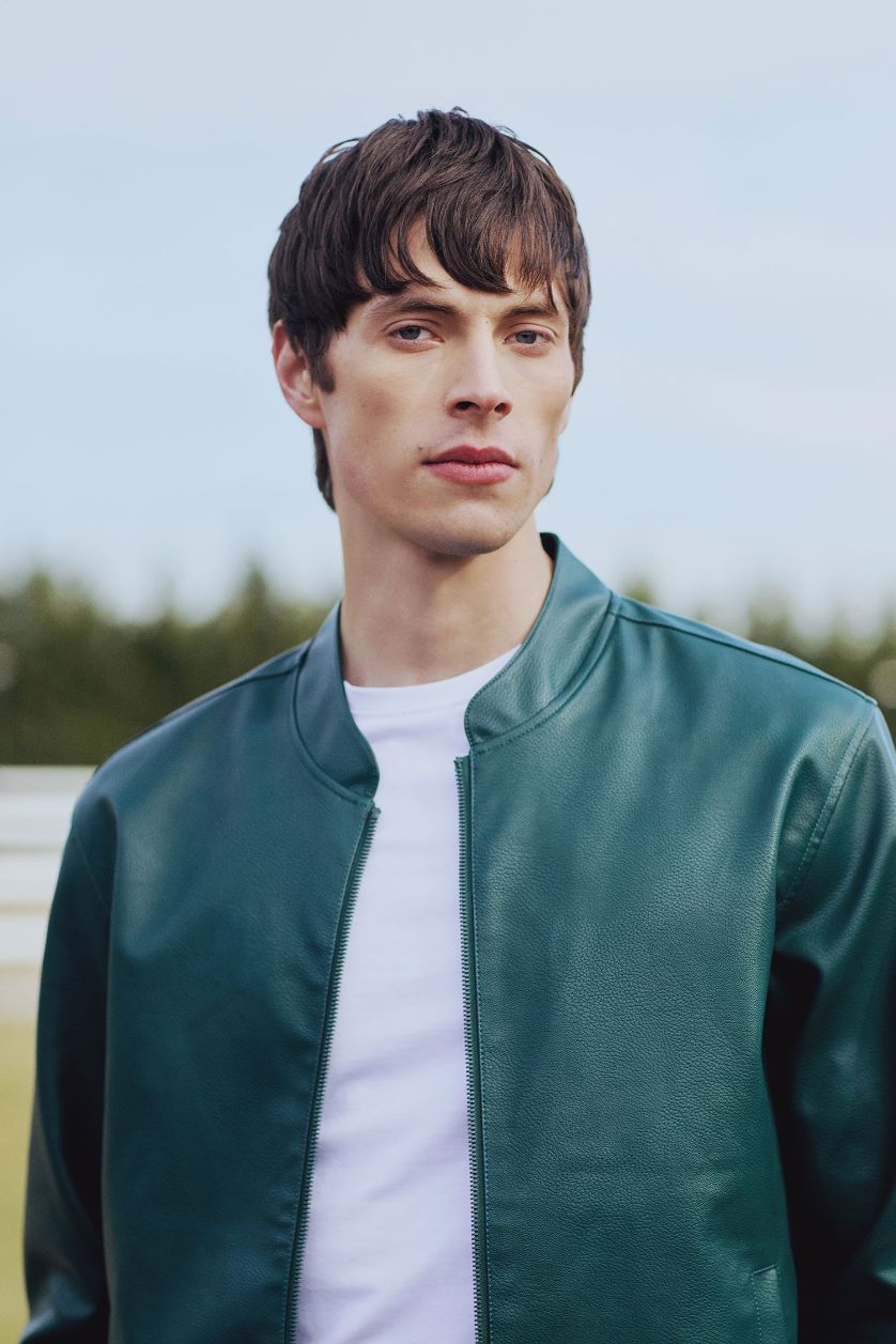 Erkek Yeşil Su İtici Slim Fit Dar Kesim Dik Yaka Fermuarlı Suni Der Ceket Mont