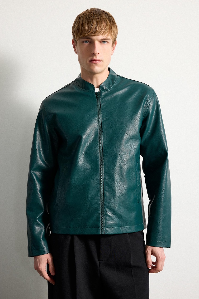 Men Green Zipper Faux Leather Jacket