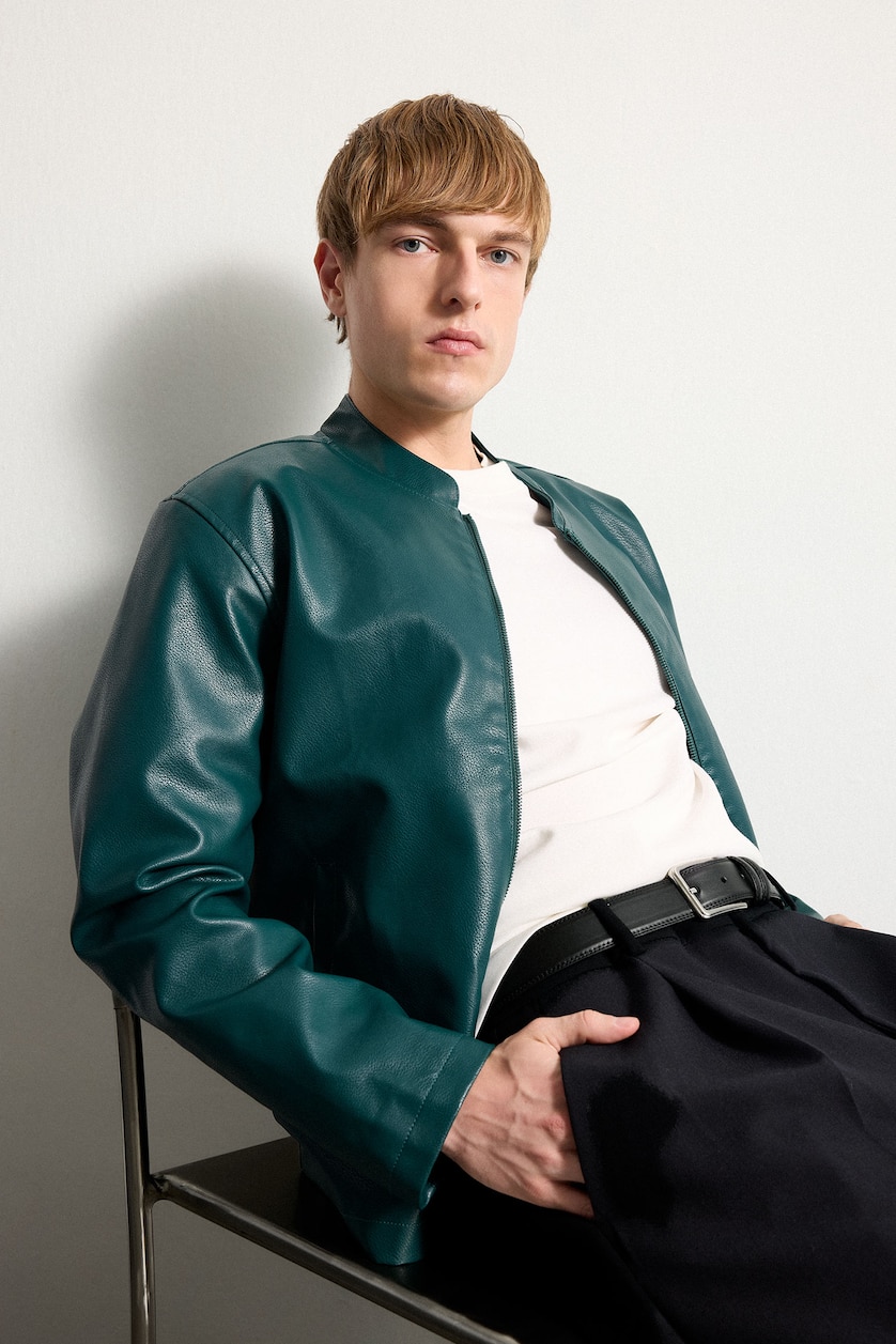 Men Green Zipper Faux Leather Jacket