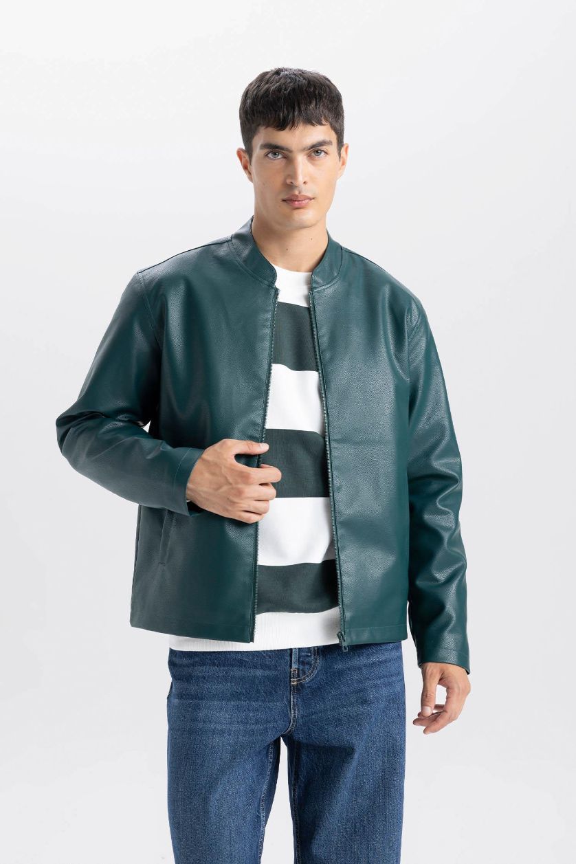 Erkek Yeşil Su İtici Slim Fit Dar Kesim Dik Yaka Fermuarlı Suni Der Ceket Mont