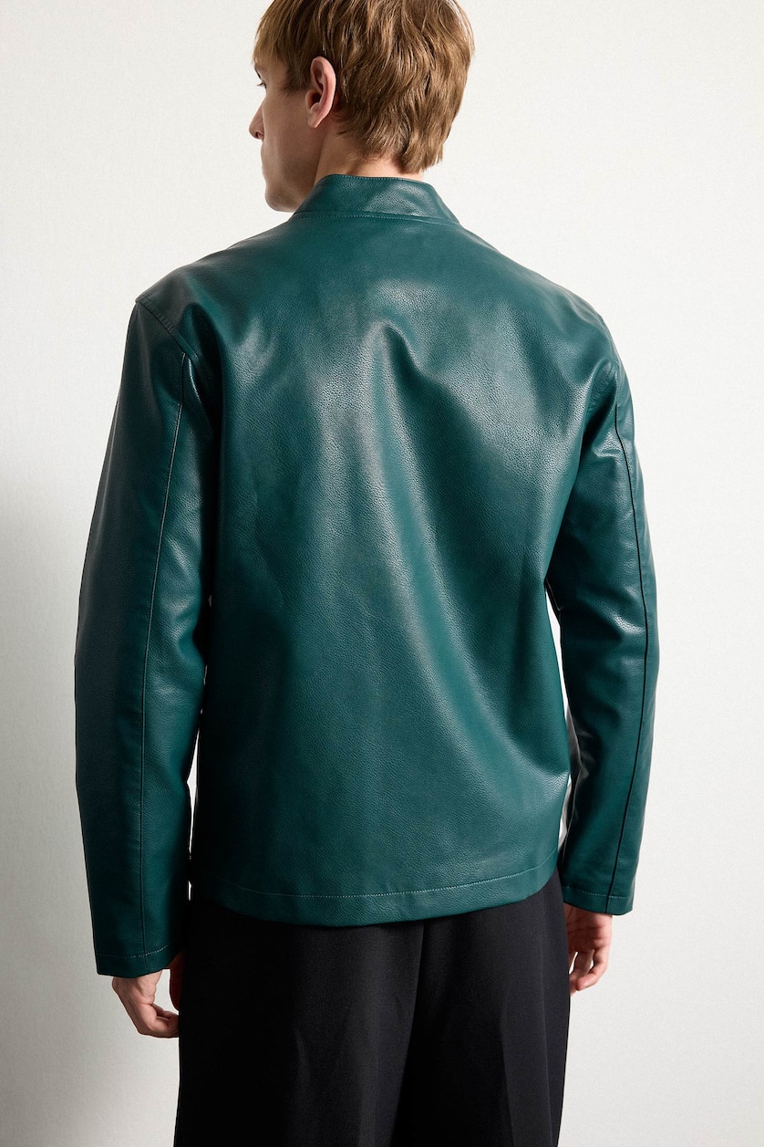 Men Green Zipper Faux Leather Jacket