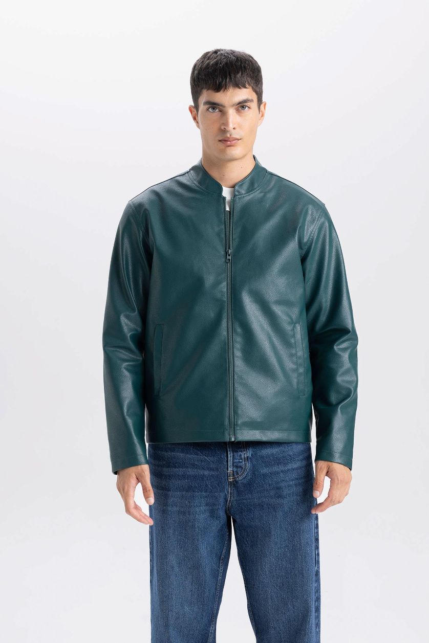 Erkek Yeşil Su İtici Slim Fit Dar Kesim Dik Yaka Fermuarlı Suni Der Ceket Mont