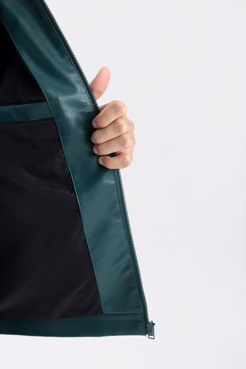 Erkek Yeşil Su İtici Slim Fit Dar Kesim Dik Yaka Fermuarlı Suni Der Ceket Mont