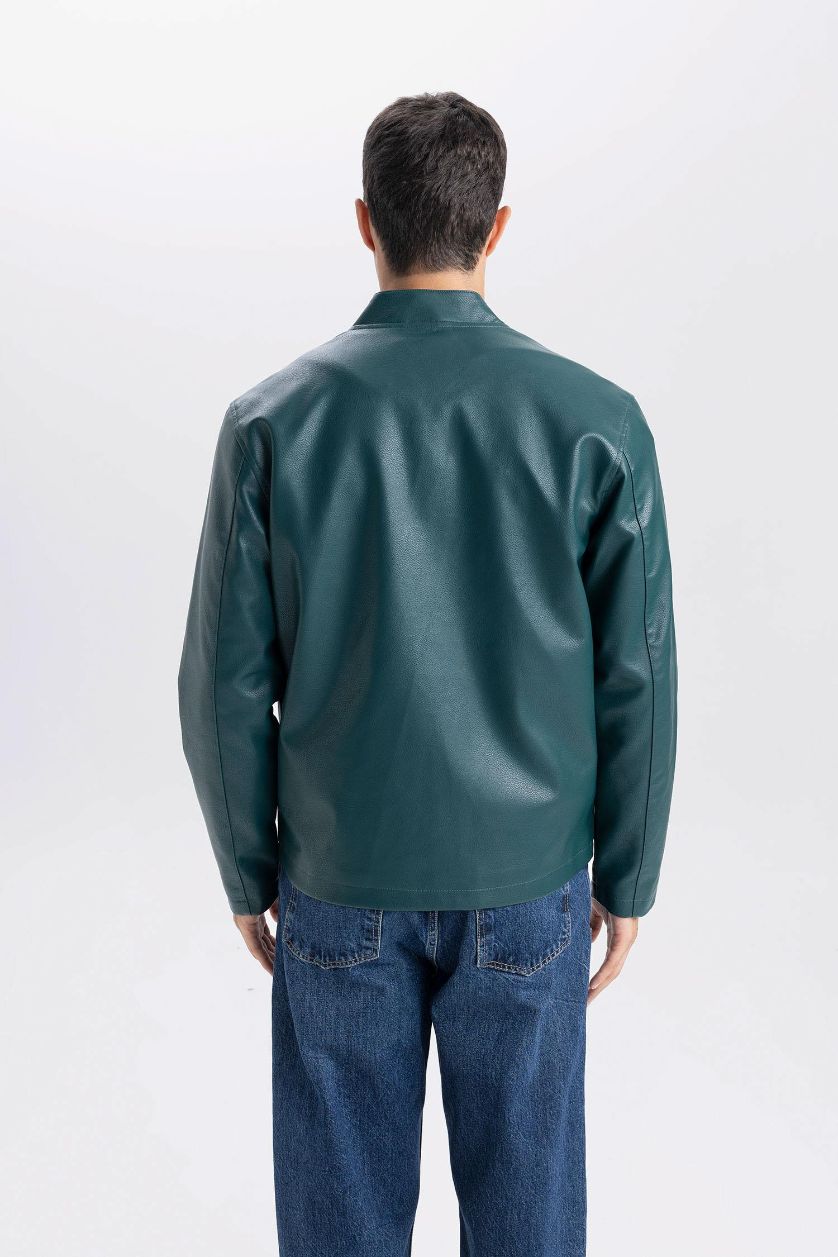 Erkek Yeşil Su İtici Slim Fit Dar Kesim Dik Yaka Fermuarlı Suni Der Ceket Mont