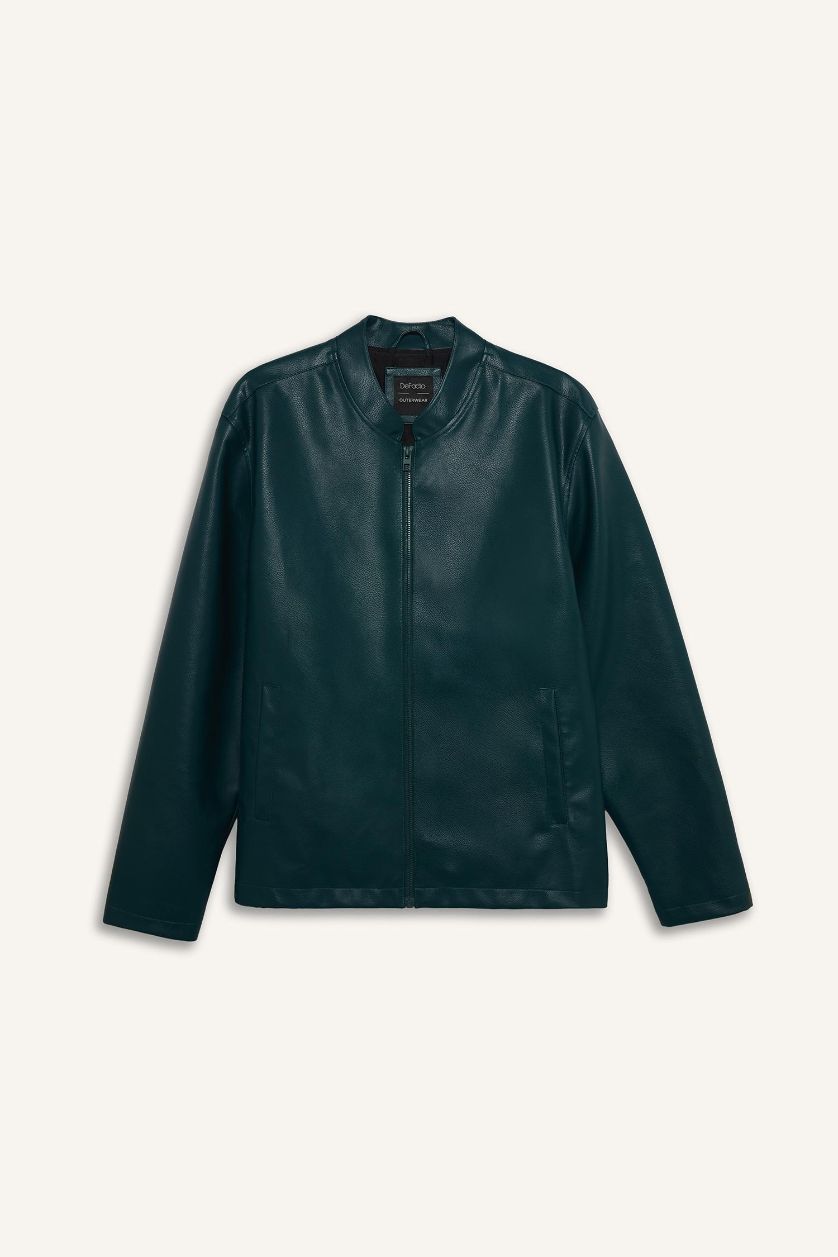 Erkek Yeşil Su İtici Slim Fit Dar Kesim Dik Yaka Fermuarlı Suni Der Ceket Mont