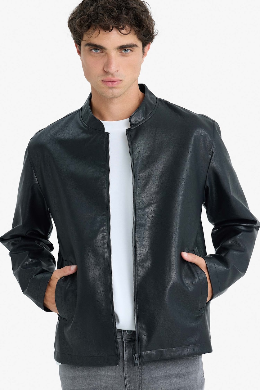 Man Black Waterproof Slim Fit Stand Collar Zip-Up Faux Leather Jacket