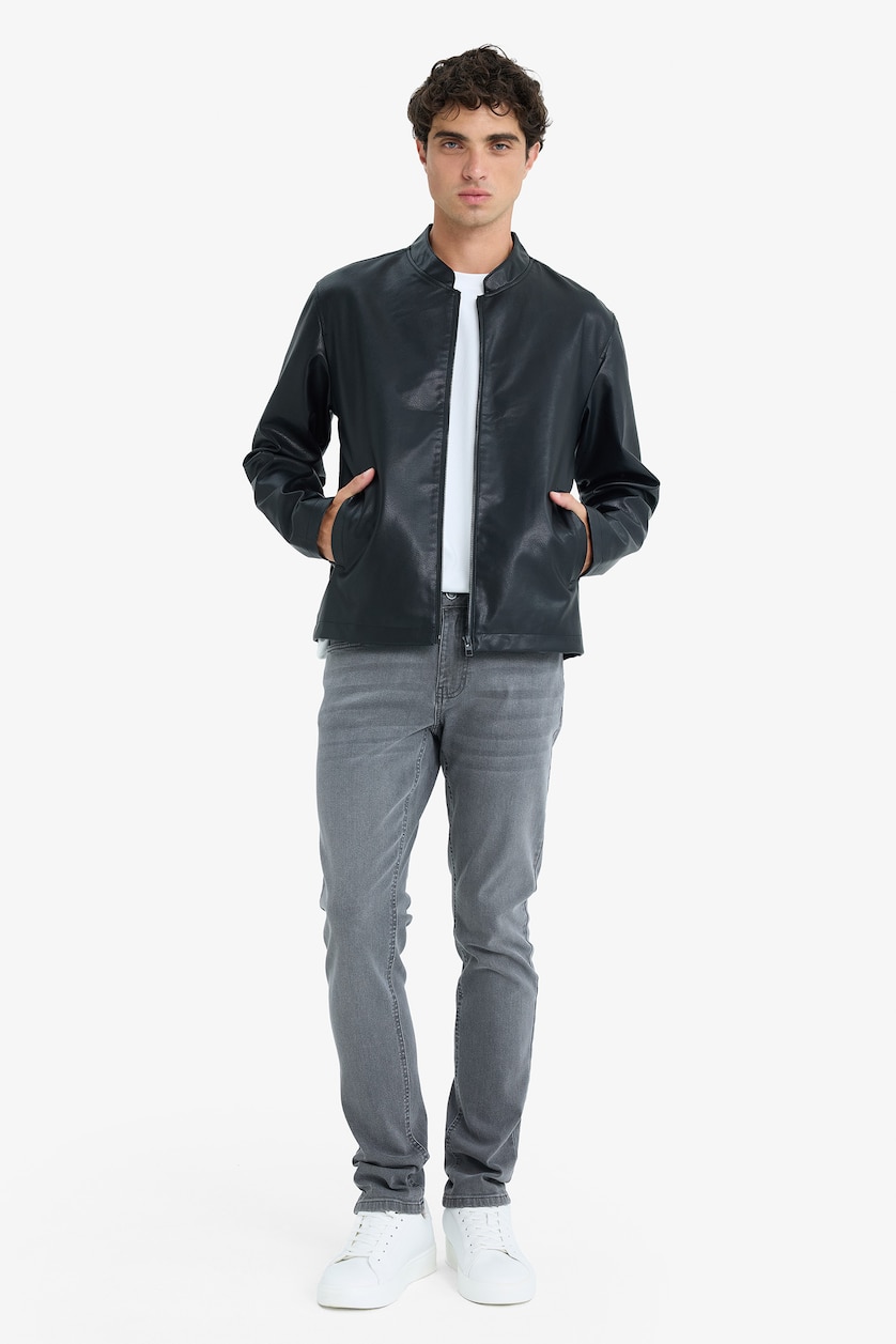 Man Black Waterproof Slim Fit Stand Collar Zip-Up Faux Leather Jacket