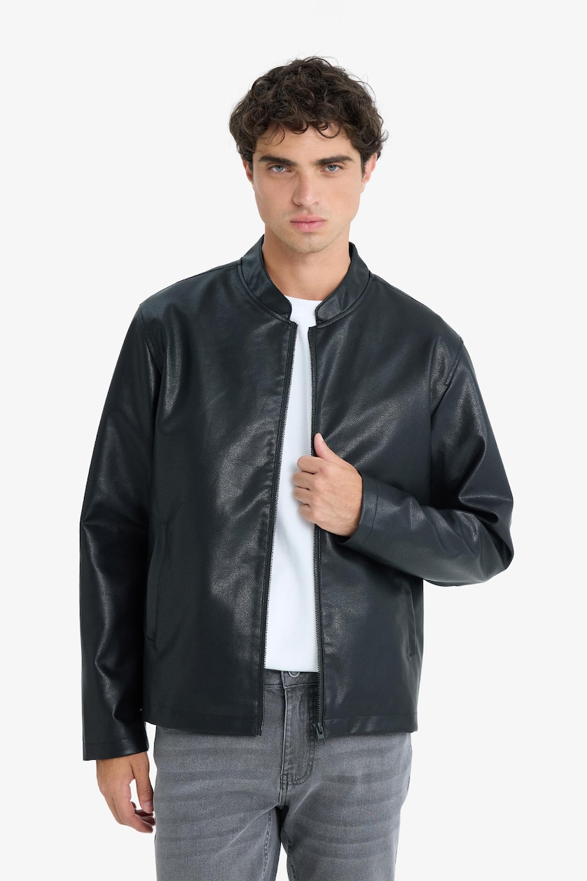 Man Black Waterproof Slim Fit Stand Collar Zip-Up Faux Leather Jacket