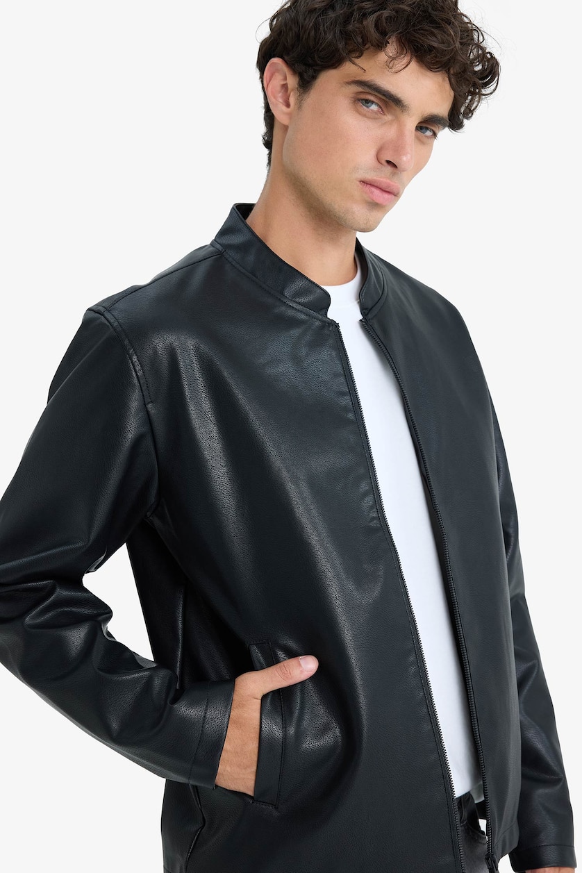Man Black Waterproof Slim Fit Stand Collar Zip-Up Faux Leather Jacket