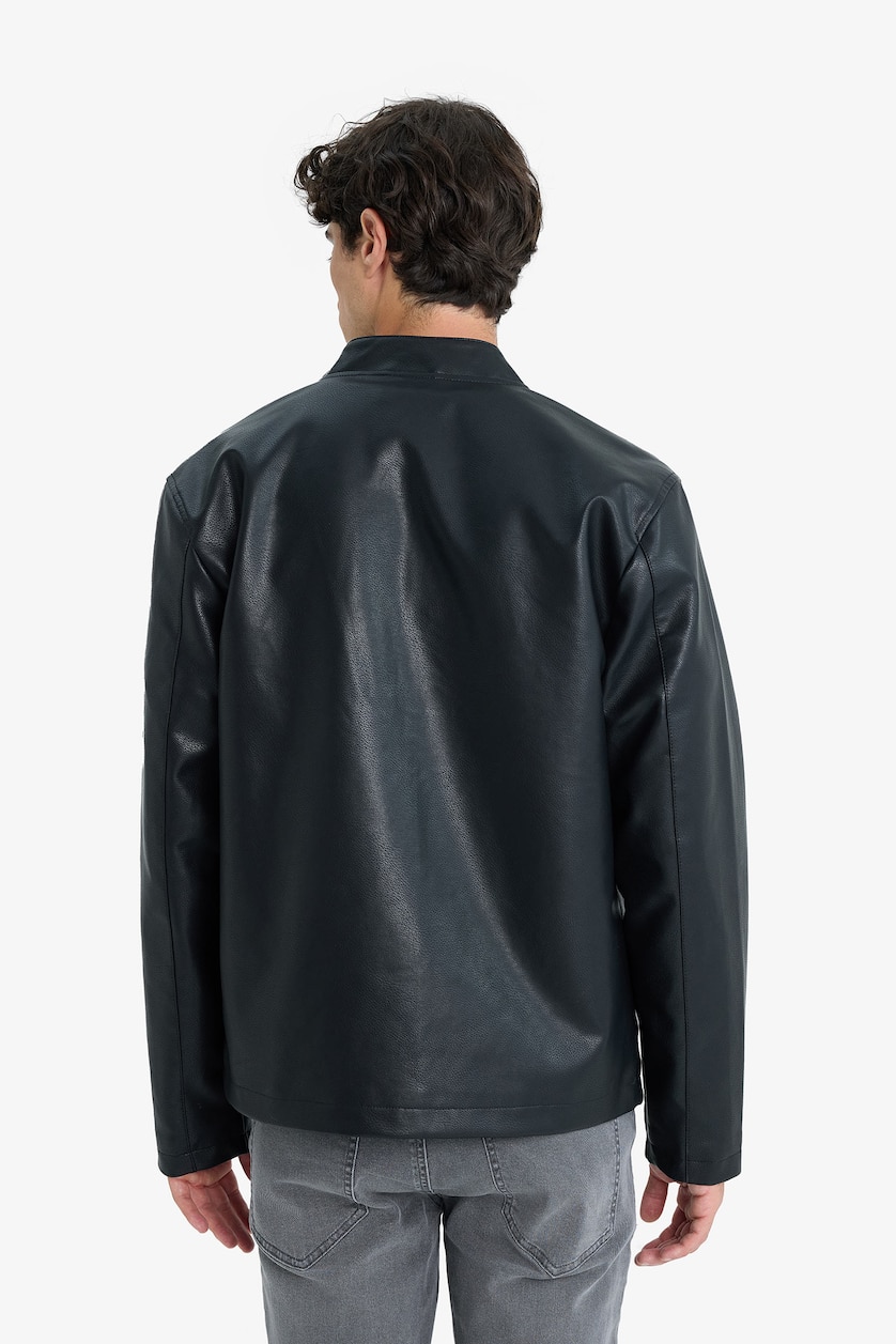 Man Black Waterproof Slim Fit Stand Collar Zip-Up Faux Leather Jacket